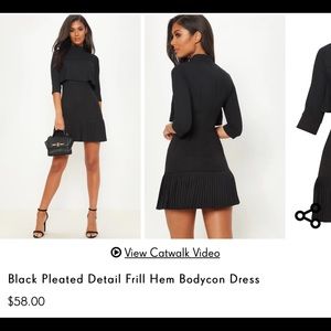 BLACK BODY CON PLEATED FRILL DRESS